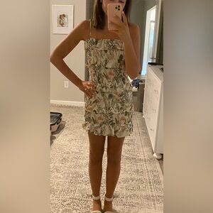 Vici Dolls Rey Smocked Palm Print Ruffle Tiered Mini Dress - Ivory Sage